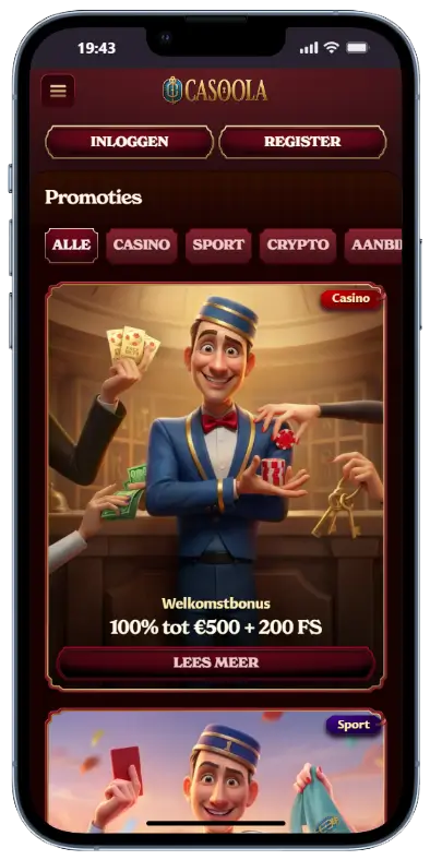 Casoola bonussen en promoties Casoola promotiespagina met welkomstbonus van 100% tot €500 plus 200 freespins, weergegeven met een animatiefiguur van een hotelboy en filteropties voor Casino, Sport, Crypto en Aanbiedingen